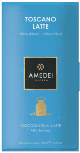 Amedei Toscano chocolate bar with blue packaging.