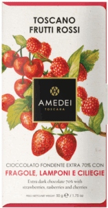 Amedei Toscana chocolate with strawberry and raspberry design.