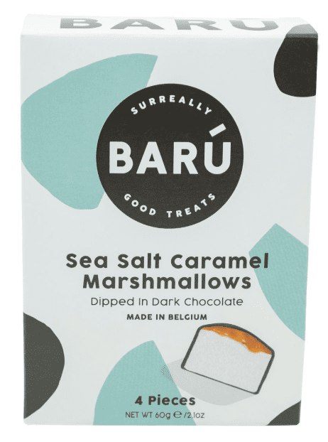 A package of Baru Sea Salt Caramel Marshmallows dipped in dark chocolate.
