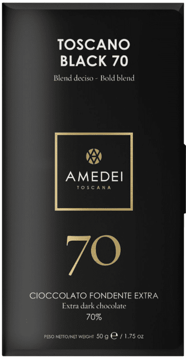 Amedei Toscana 70 dark chocolate bar packaging with elegant black and gold design.