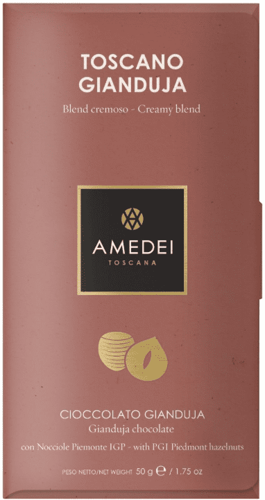 Amedei Toscana chocolate bar with a brown wrapper and gold logo.