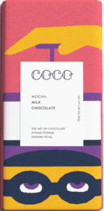 Chocolate bar with mocha milk chocolate flavor and artistic packaging.