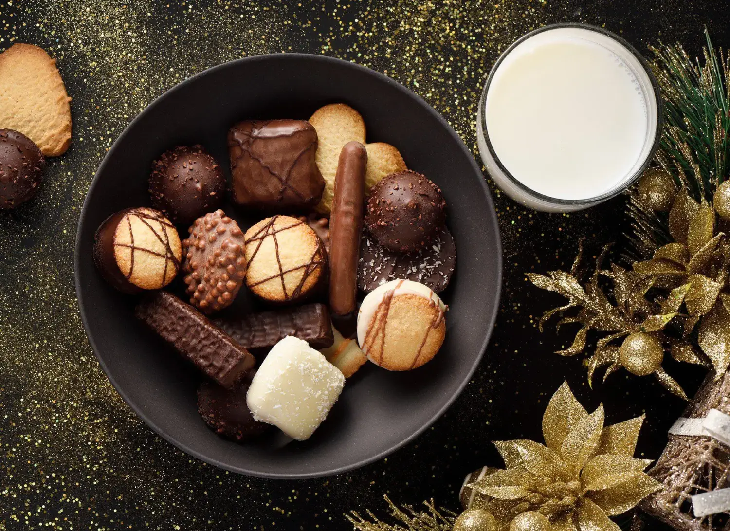 Holiday cookies and milk with decorations